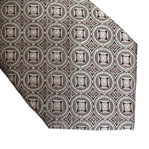 Pronto Uomo Couture 100% Silk Tie‎ Geometric Circle Square Pattern Brown Green
